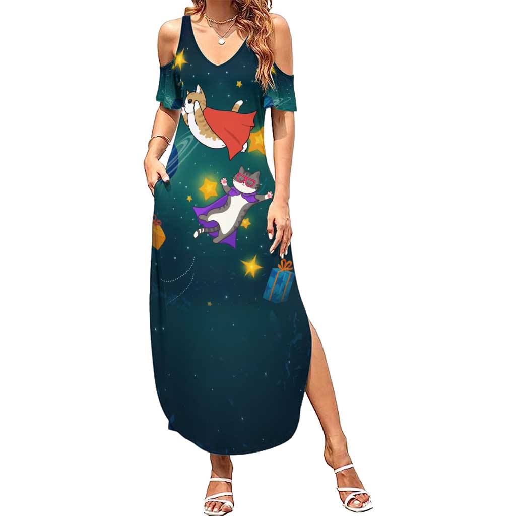 Cat Galaxy Christmas Summer Maxi Dress Xmas Holiday Patterns - Wonder Print Shop