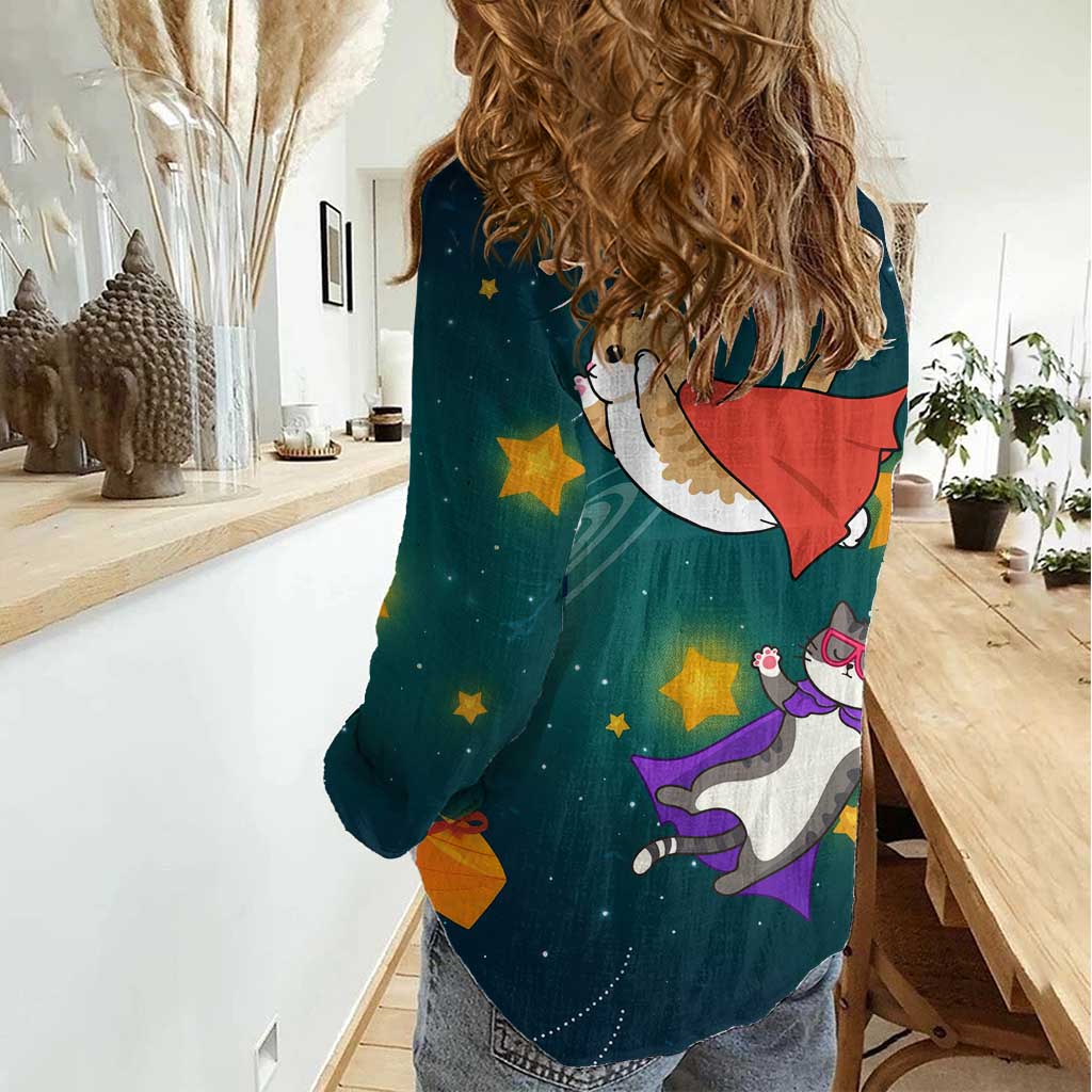 Cat Galaxy Christmas Women Casual Shirt Xmas Holiday Patterns - Wonder Print Shop