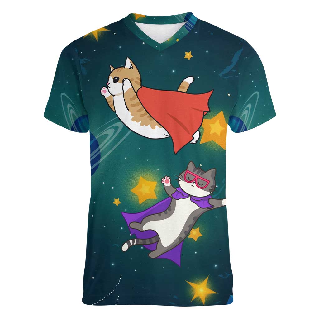 Cat Galaxy Christmas Women V-Neck T-Shirt Xmas Holiday Patterns - Wonder Print Shop