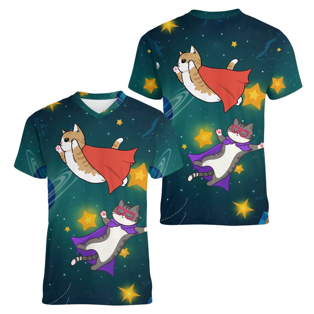 Cat Galaxy Christmas Women V-Neck T-Shirt Xmas Holiday Patterns - Wonder Print Shop