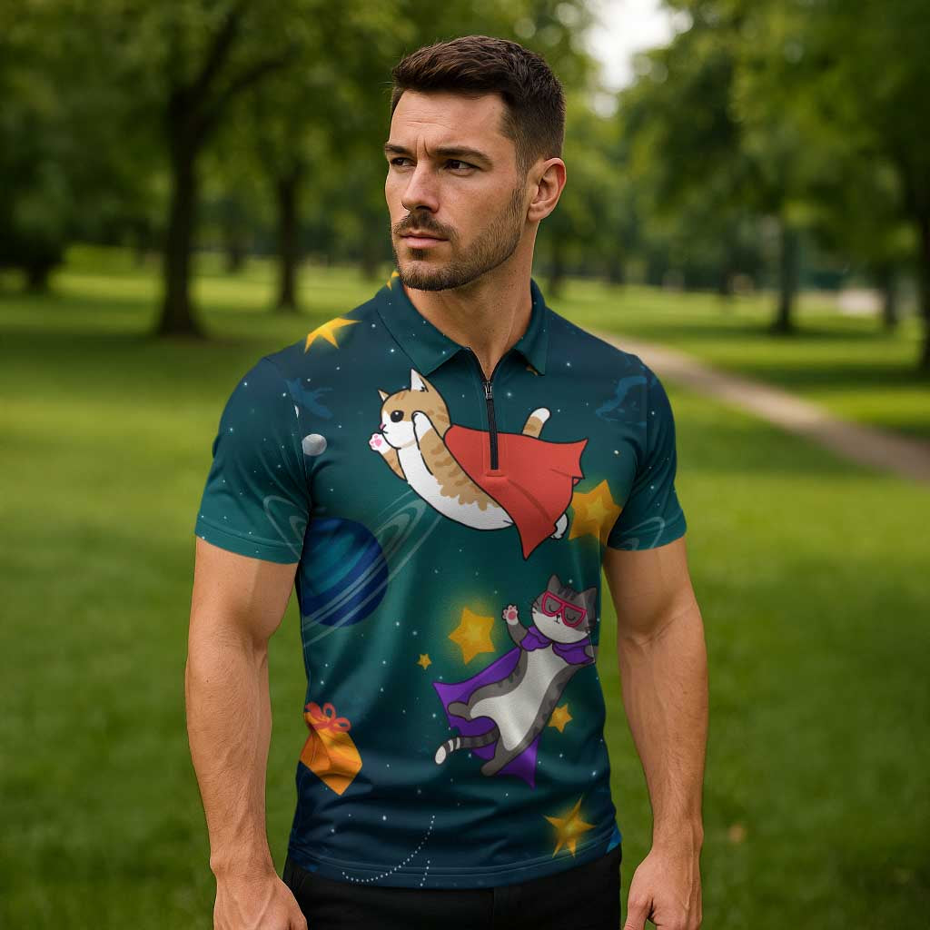 Cat Galaxy Christmas Zipper Polo Shirt Xmas Holiday Patterns - Wonder Print Shop