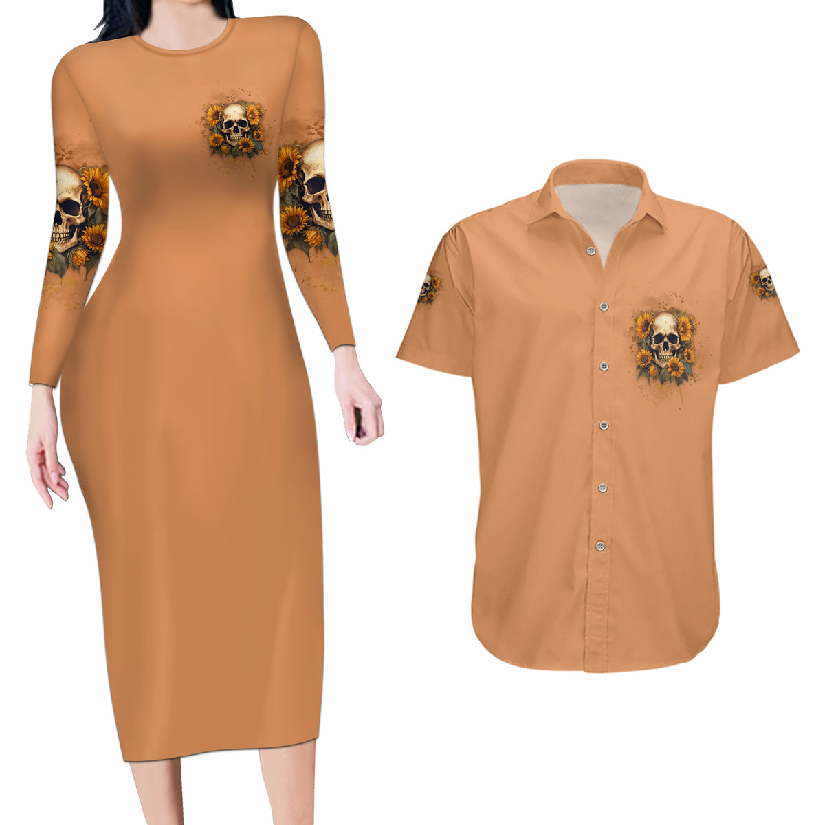 She Is Sunshine Sunflower Skull Couples Matching Long Sleeve Bodycon Dress and Hawaiian Shirt - Wonder Print Shop