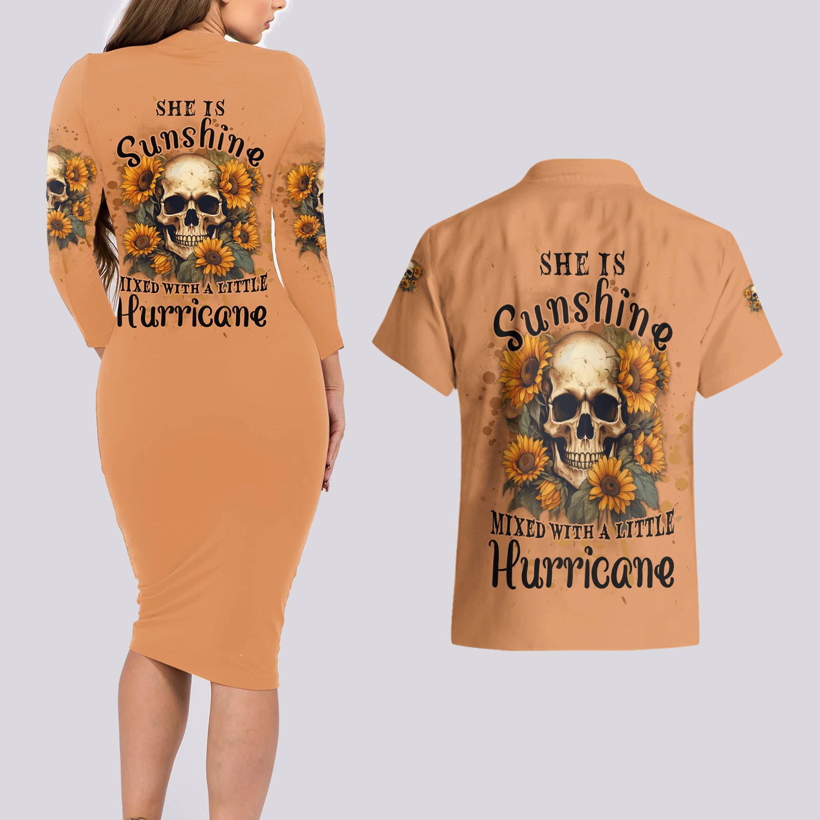 She Is Sunshine Sunflower Skull Couples Matching Long Sleeve Bodycon Dress and Hawaiian Shirt - Wonder Print Shop