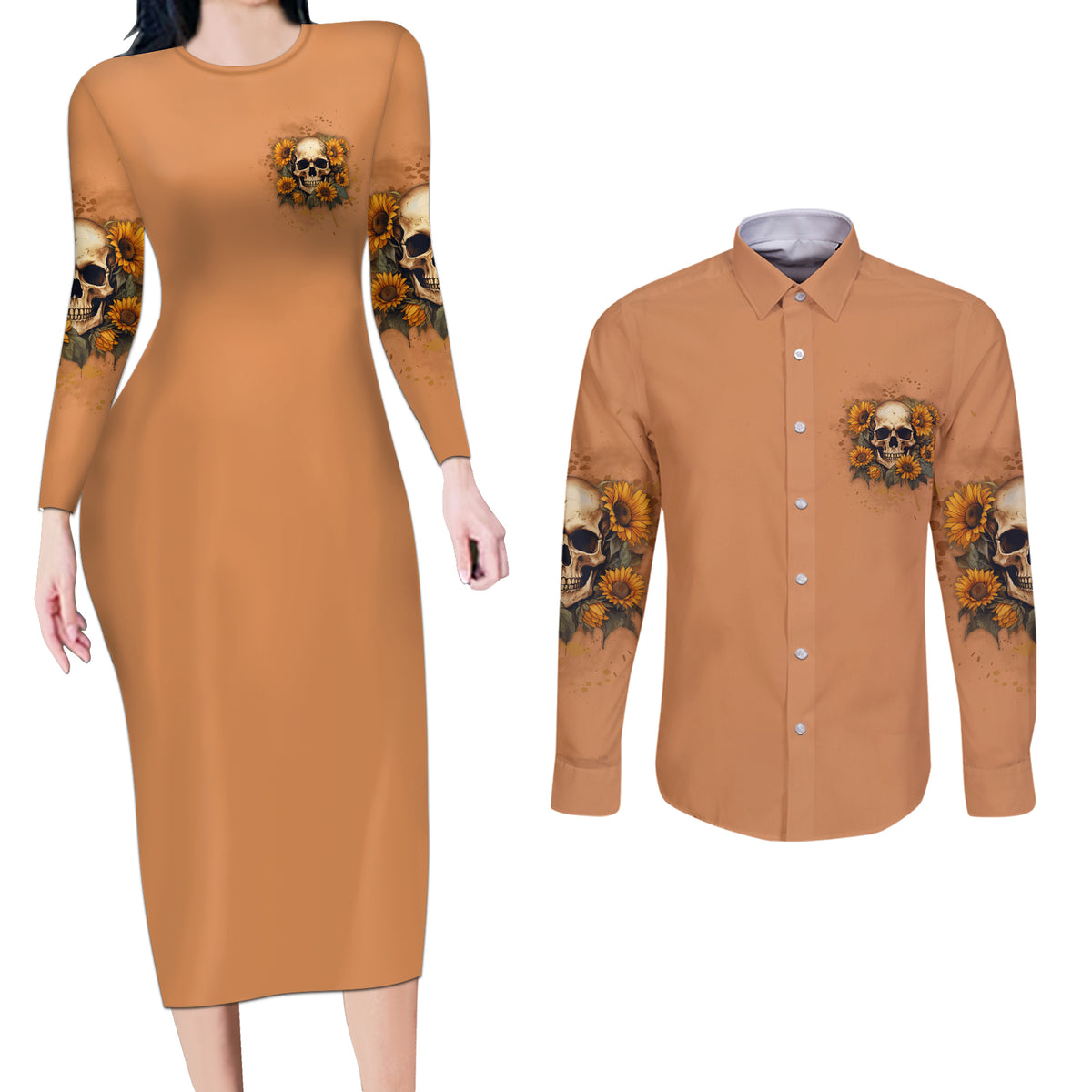 She Is Sunshine Sunflower Skull Couples Matching Long Sleeve Bodycon Dress and Long Sleeve Button Shirt - Wonder Print Shop