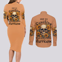 She Is Sunshine Sunflower Skull Couples Matching Long Sleeve Bodycon Dress and Long Sleeve Button Shirt - Wonder Print Shop