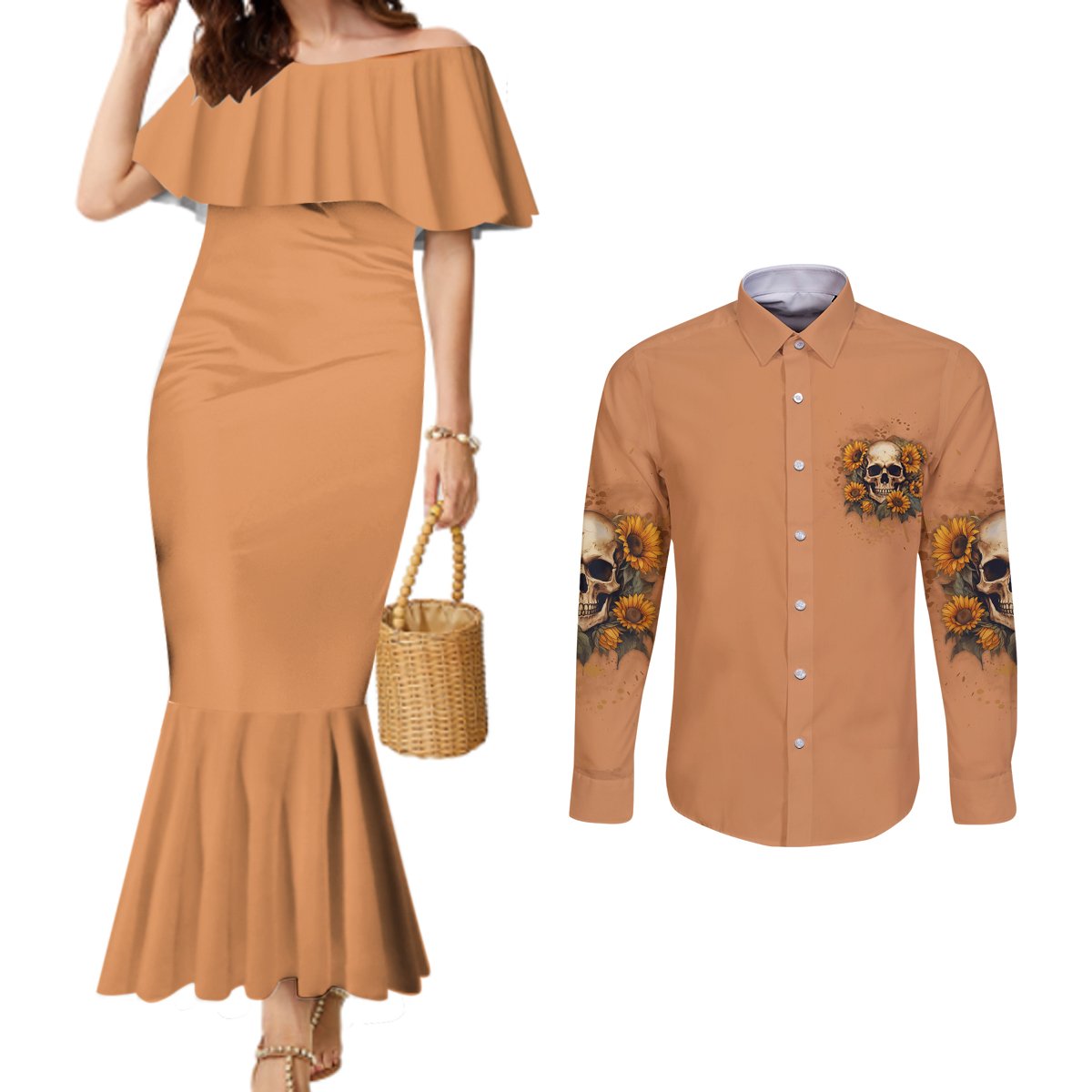 she-is-sunshine-sunflower-skull-couples-matching-mermaid-dress-and-long-sleeve-button-shirt