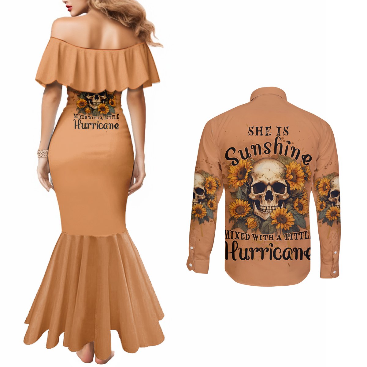 she-is-sunshine-sunflower-skull-couples-matching-mermaid-dress-and-long-sleeve-button-shirt