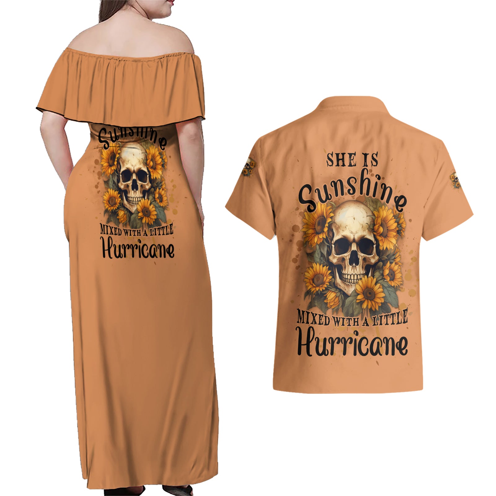 She Is Sunshine Sunflower Skull Couples Matching Off Shoulder Maxi Dress and Hawaiian Shirt - Wonder Print Shop