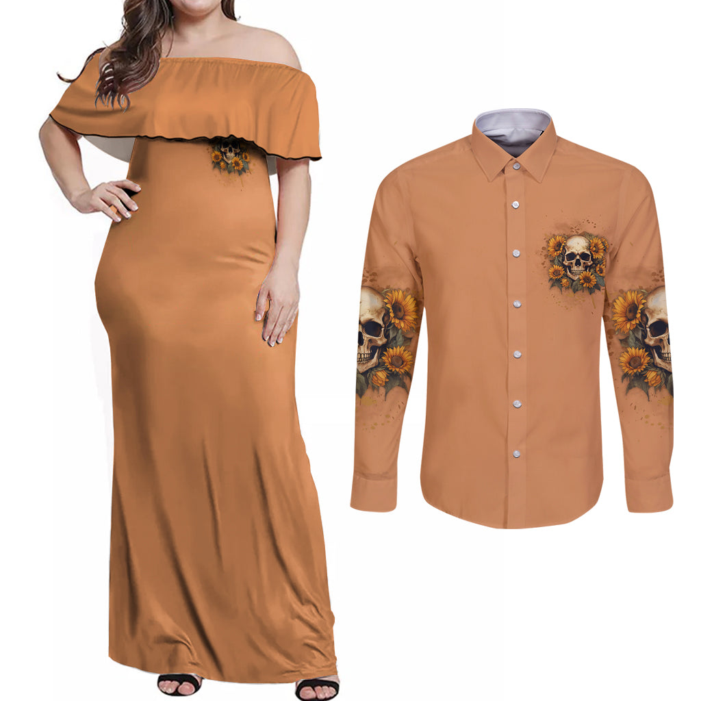 She Is Sunshine Sunflower Skull Couples Matching Off Shoulder Maxi Dress and Long Sleeve Button Shirt - Wonder Print Shop