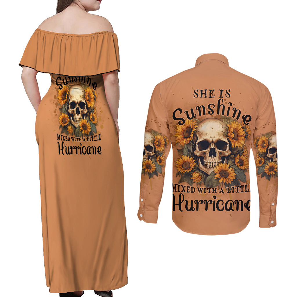 She Is Sunshine Sunflower Skull Couples Matching Off Shoulder Maxi Dress and Long Sleeve Button Shirt - Wonder Print Shop