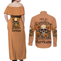 She Is Sunshine Sunflower Skull Couples Matching Off Shoulder Maxi Dress and Long Sleeve Button Shirt - Wonder Print Shop