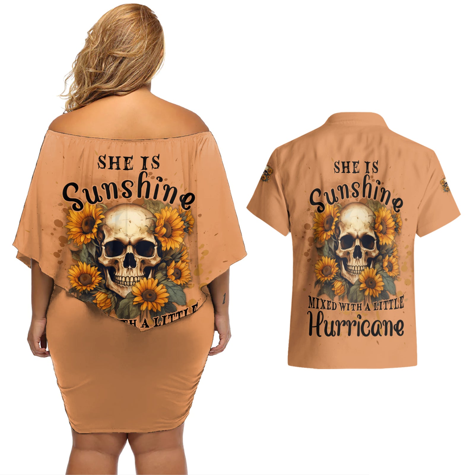 She Is Sunshine Sunflower Skull Couples Matching Off Shoulder Short Dress and Hawaiian Shirt - Wonder Print Shop