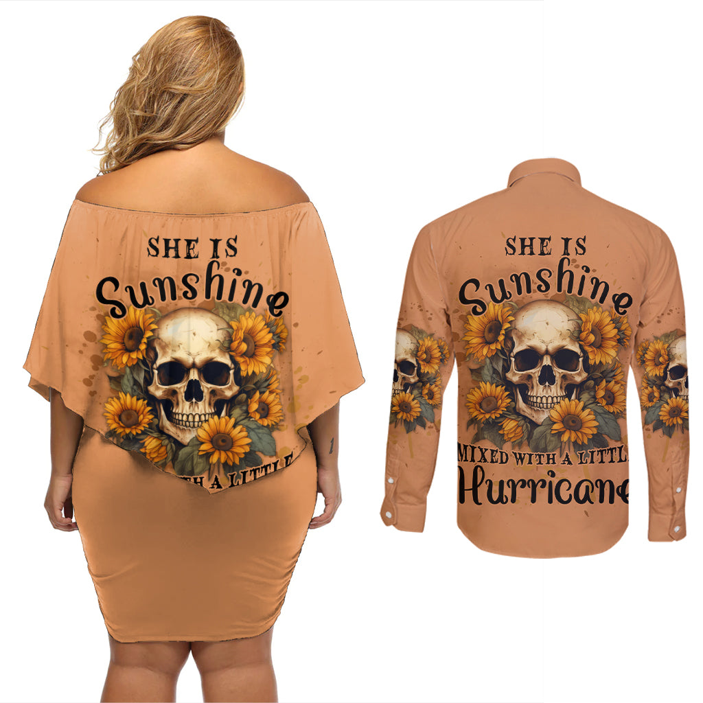 She Is Sunshine Sunflower Skull Couples Matching Off Shoulder Short Dress and Long Sleeve Button Shirt - Wonder Print Shop