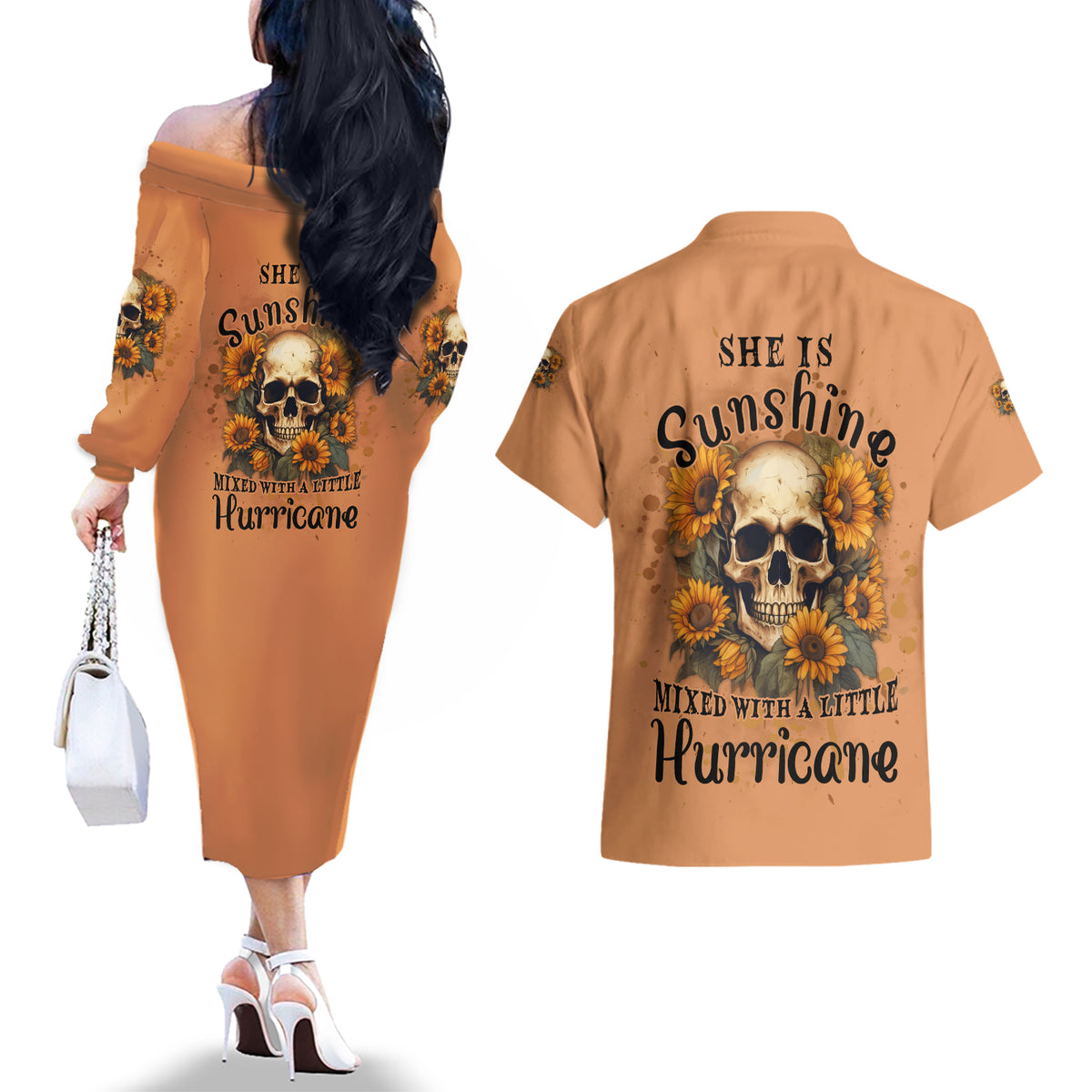 She Is Sunshine Sunflower Skull Couples Matching Off The Shoulder Long Sleeve Dress and Hawaiian Shirt - Wonder Print Shop
