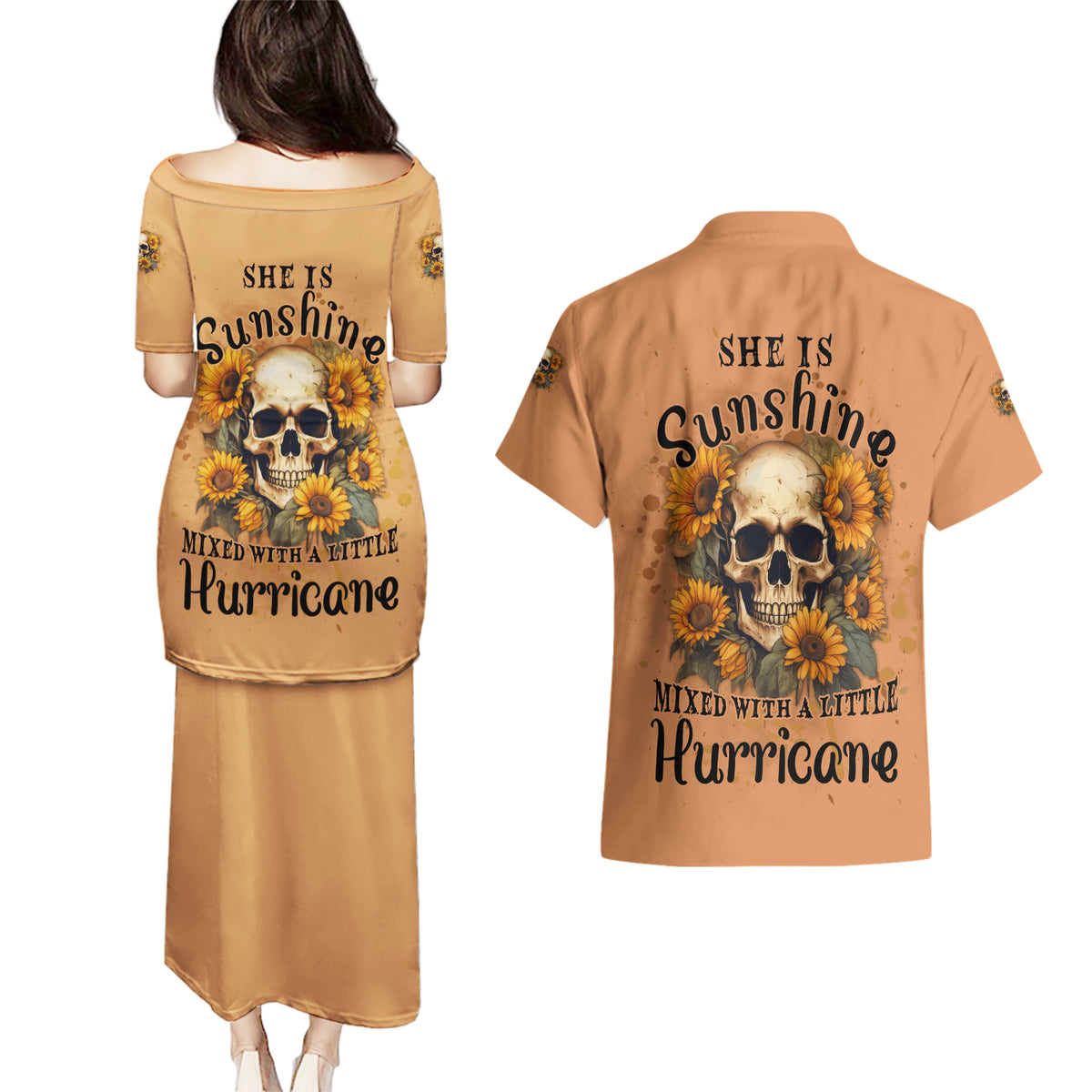 She Is Sunshine Sunflower Skull Couples Matching Puletasi Dress and Hawaiian Shirt - Wonder Print Shop