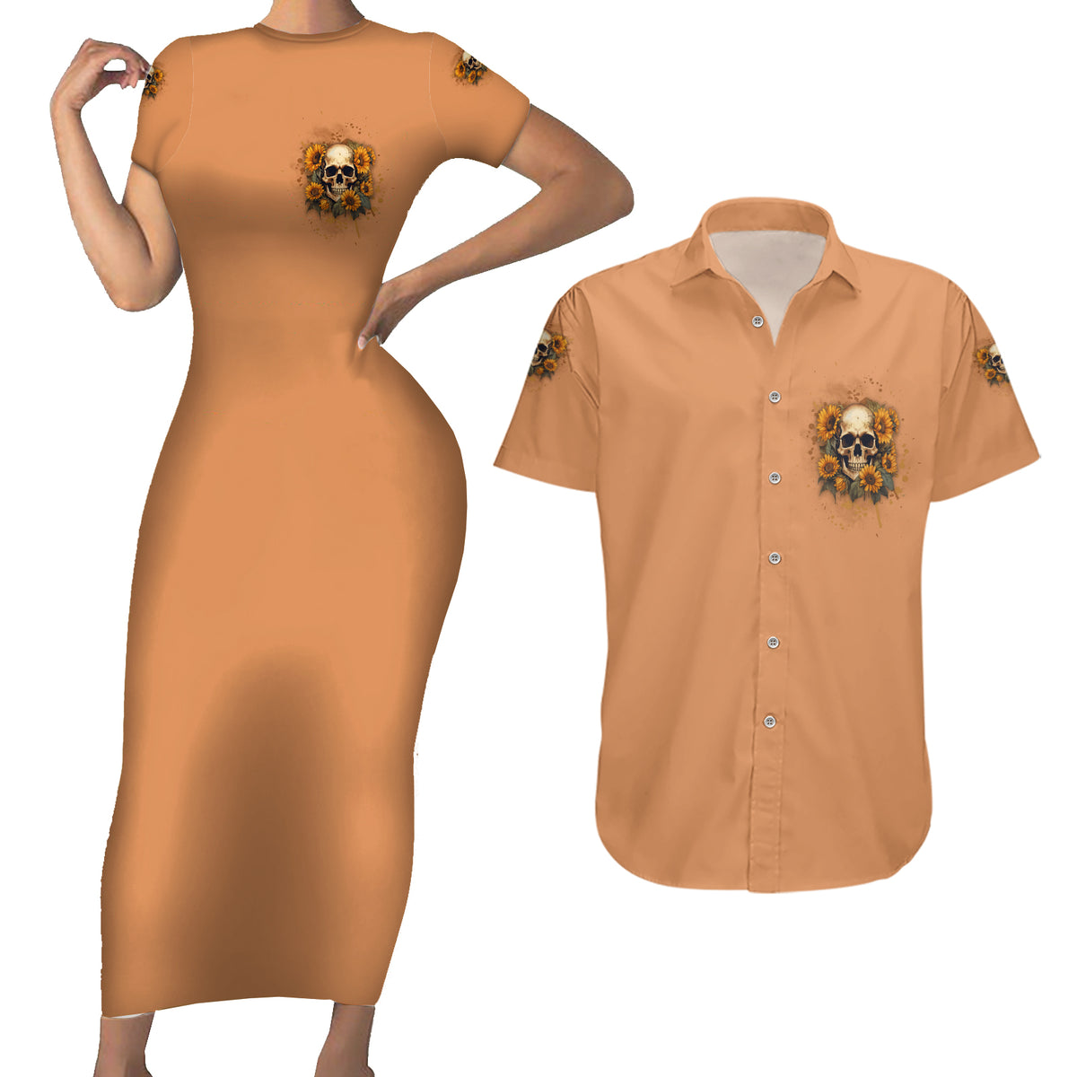 She Is Sunshine Sunflower Skull Couples Matching Short Sleeve Bodycon Dress and Hawaiian Shirt - Wonder Print Shop