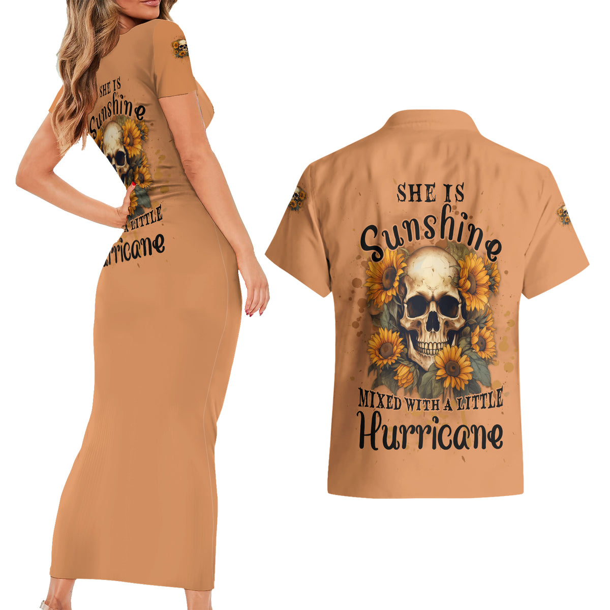 She Is Sunshine Sunflower Skull Couples Matching Short Sleeve Bodycon Dress and Hawaiian Shirt - Wonder Print Shop