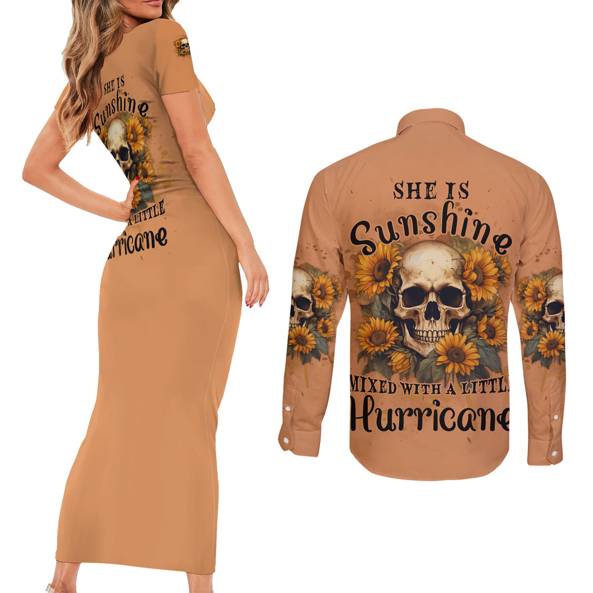 She Is Sunshine Sunflower Skull Couples Matching Short Sleeve Bodycon Dress and Long Sleeve Button Shirt - Wonder Print Shop