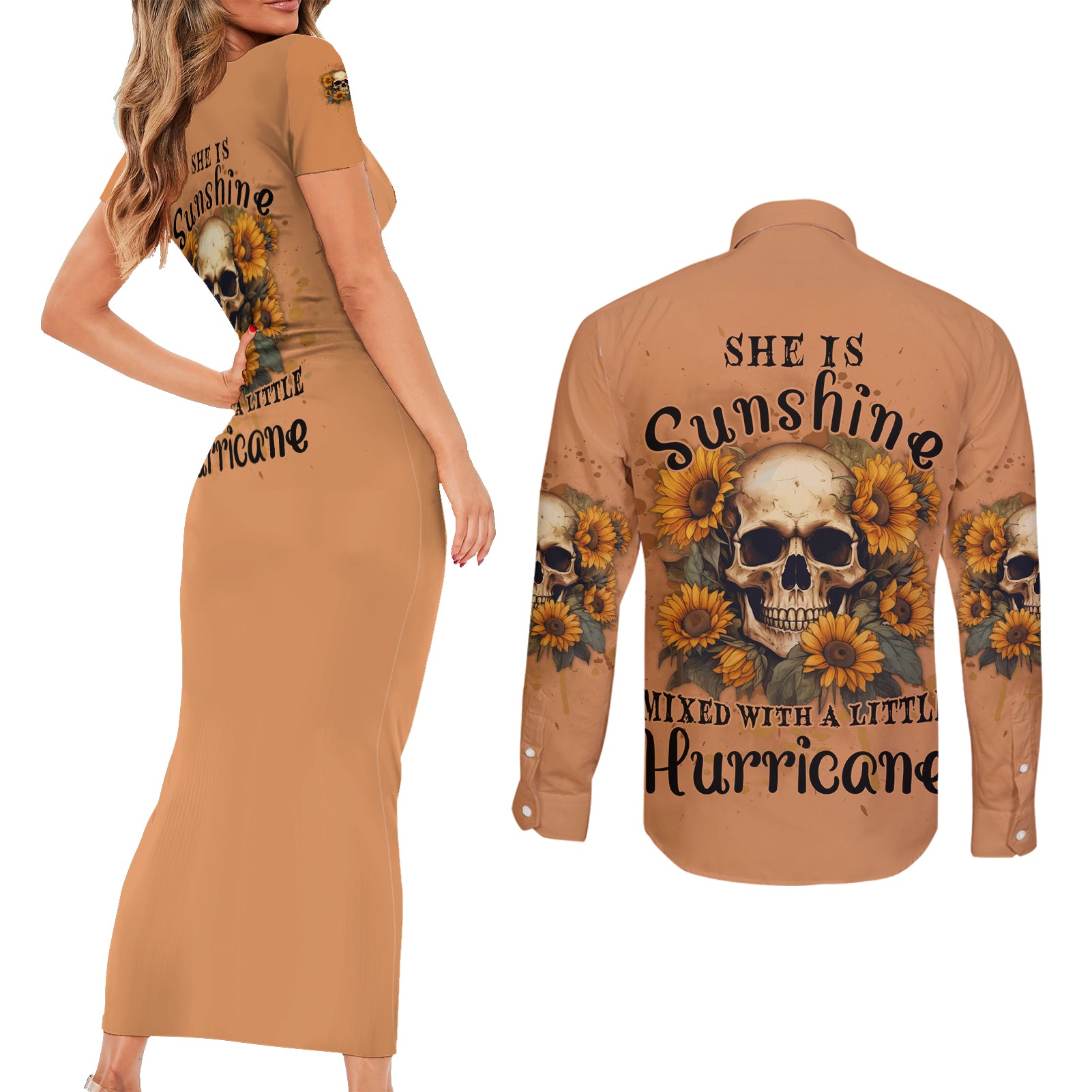 She Is Sunshine Sunflower Skull Couples Matching Short Sleeve Bodycon Dress and Long Sleeve Button Shirt - Wonder Print Shop