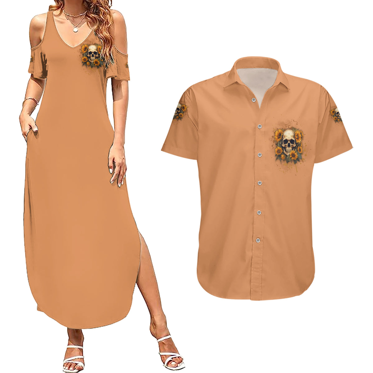 She Is Sunshine Sunflower Skull Couples Matching Summer Maxi Dress and Hawaiian Shirt - Wonder Print Shop
