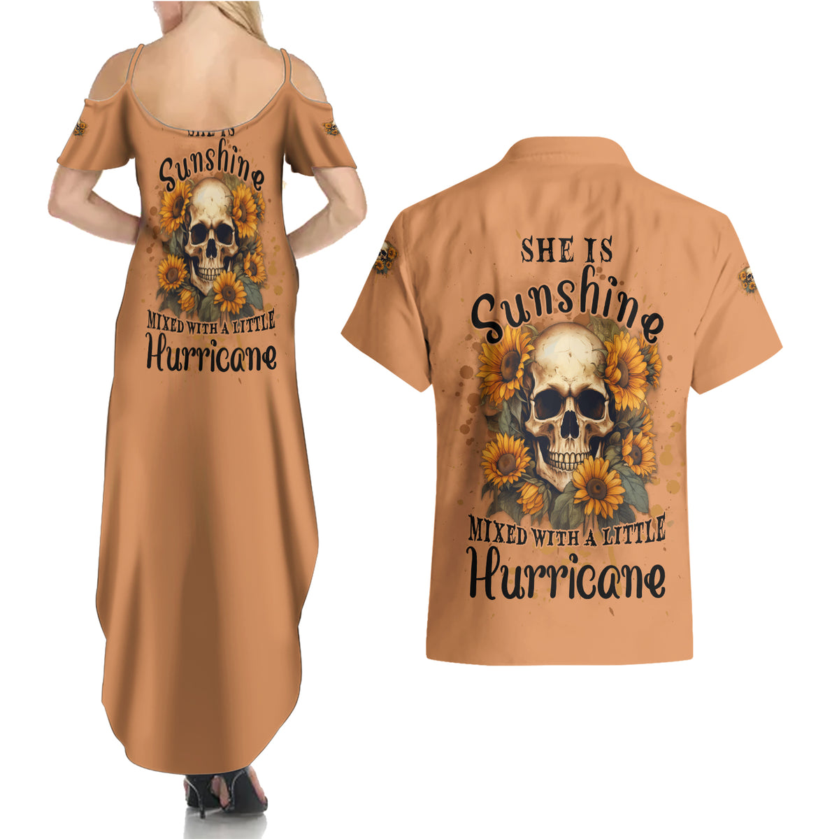 She Is Sunshine Sunflower Skull Couples Matching Summer Maxi Dress and Hawaiian Shirt - Wonder Print Shop