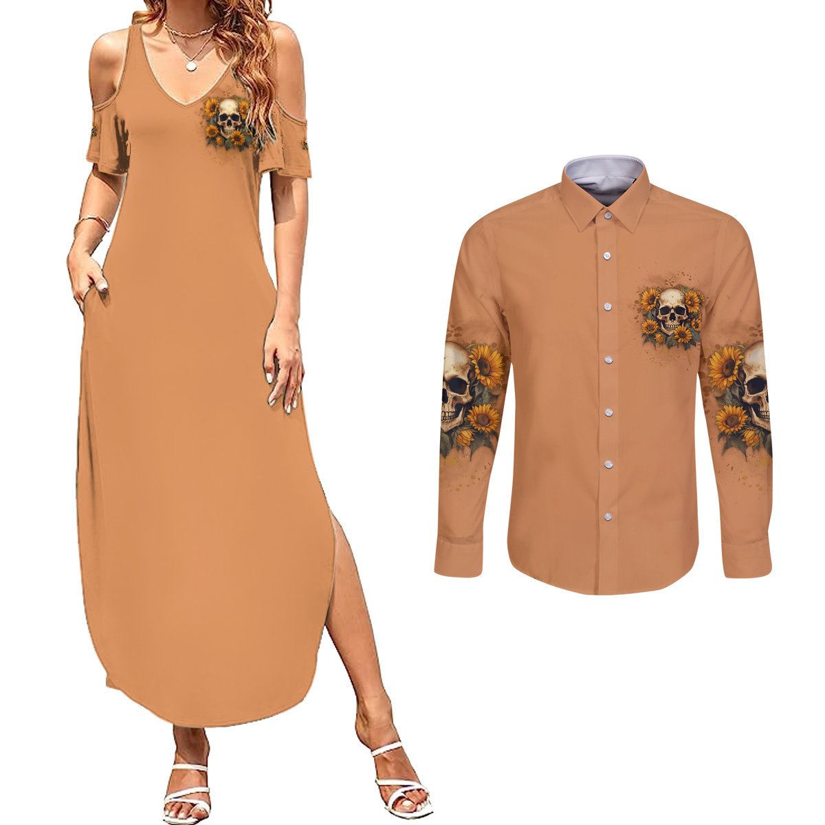 She Is Sunshine Sunflower Skull Couples Matching Summer Maxi Dress and Long Sleeve Button Shirt - Wonder Print Shop