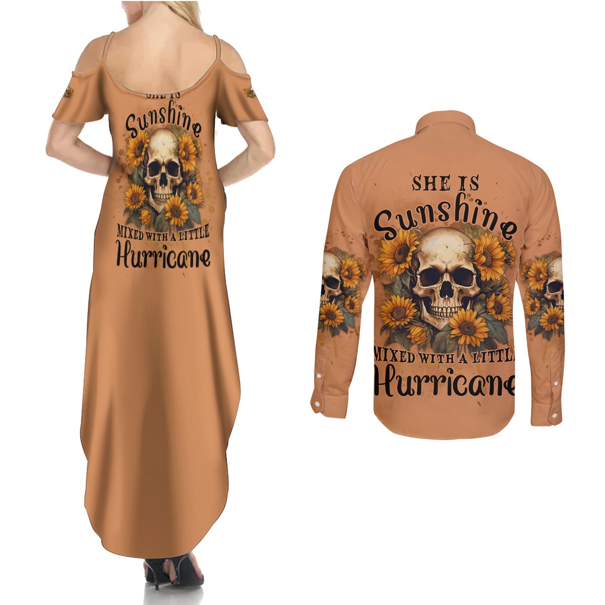She Is Sunshine Sunflower Skull Couples Matching Summer Maxi Dress and Long Sleeve Button Shirt - Wonder Print Shop
