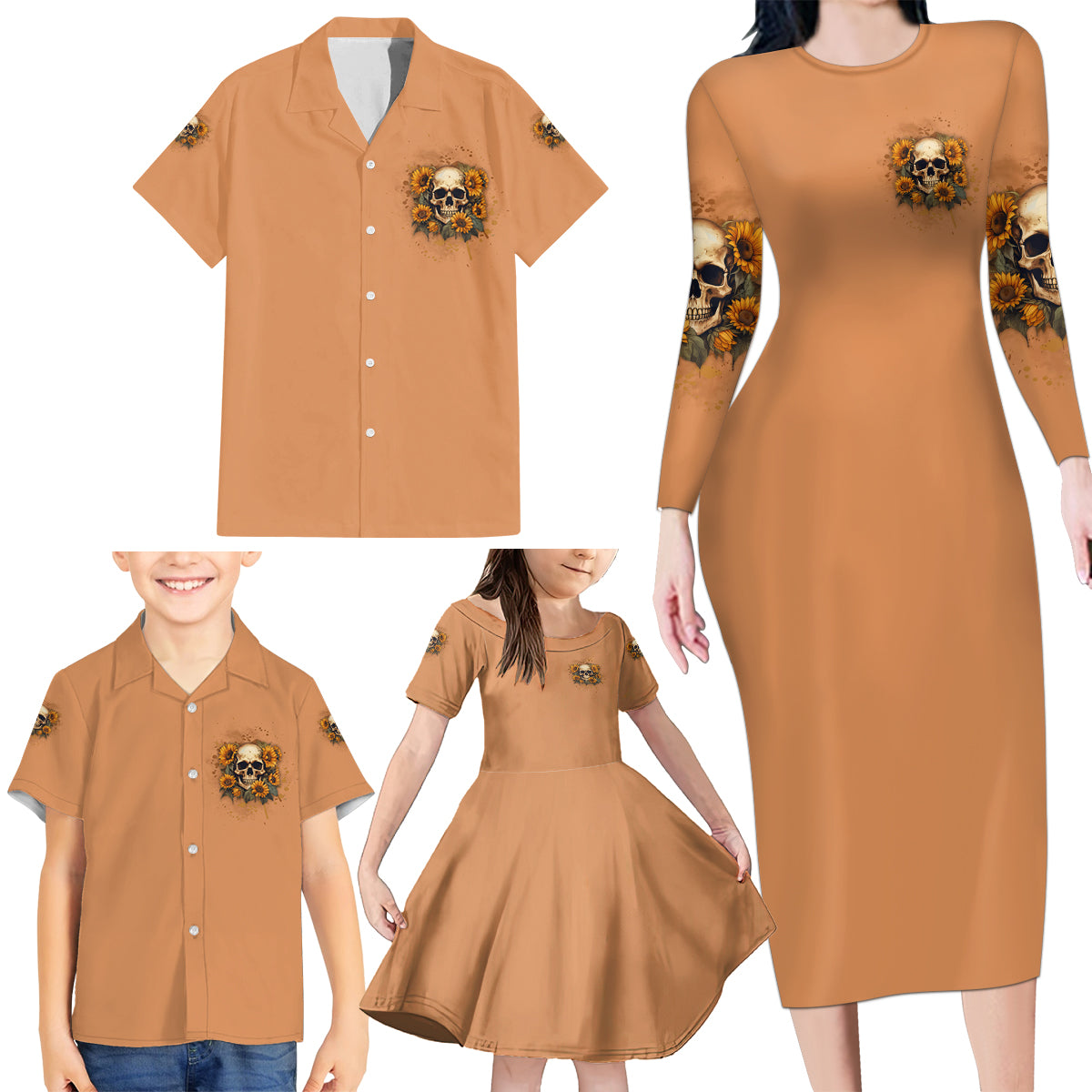 She Is Sunshine Sunflower Skull Family Matching Long Sleeve Bodycon Dress and Hawaiian Shirt - Wonder Print Shop