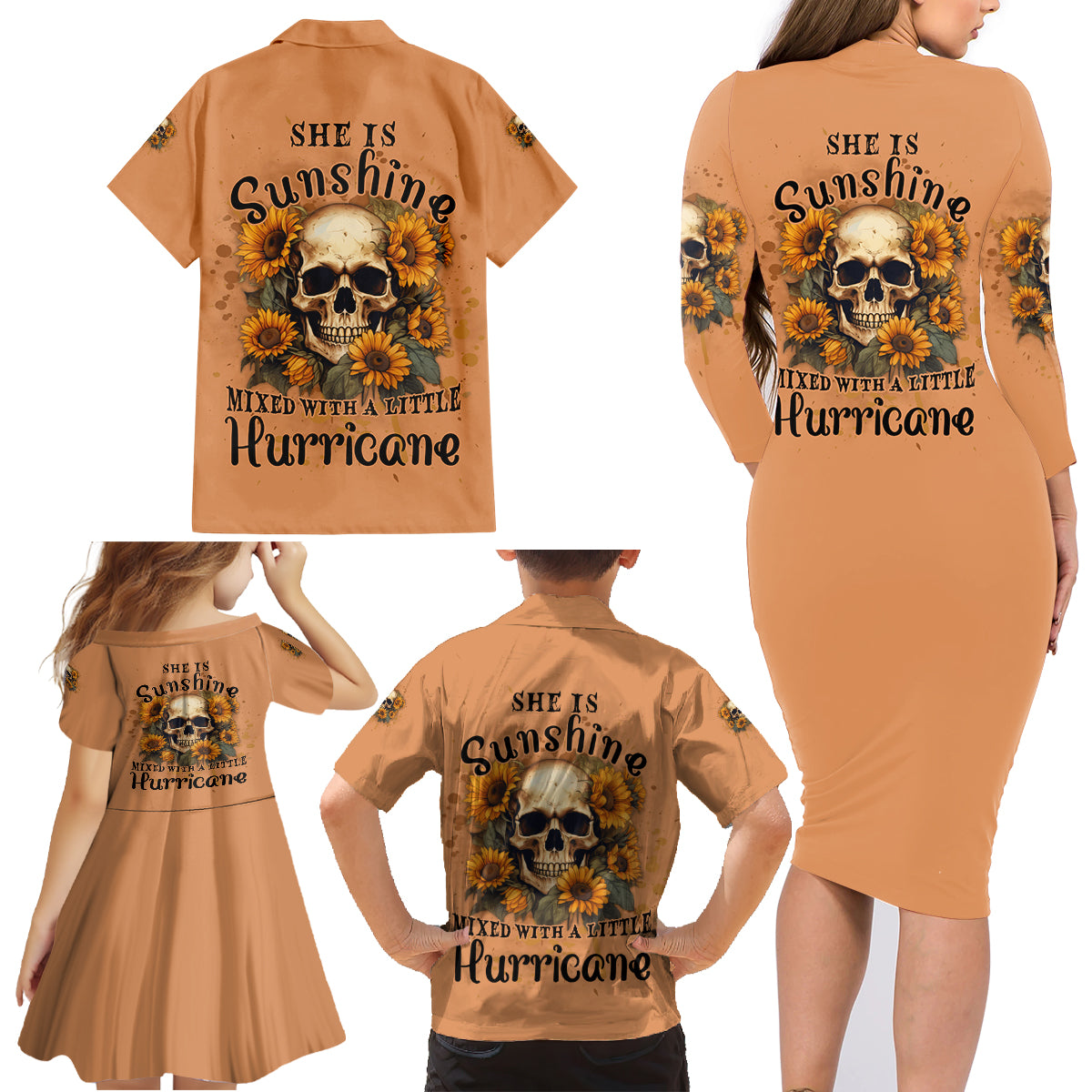 She Is Sunshine Sunflower Skull Family Matching Long Sleeve Bodycon Dress and Hawaiian Shirt - Wonder Print Shop