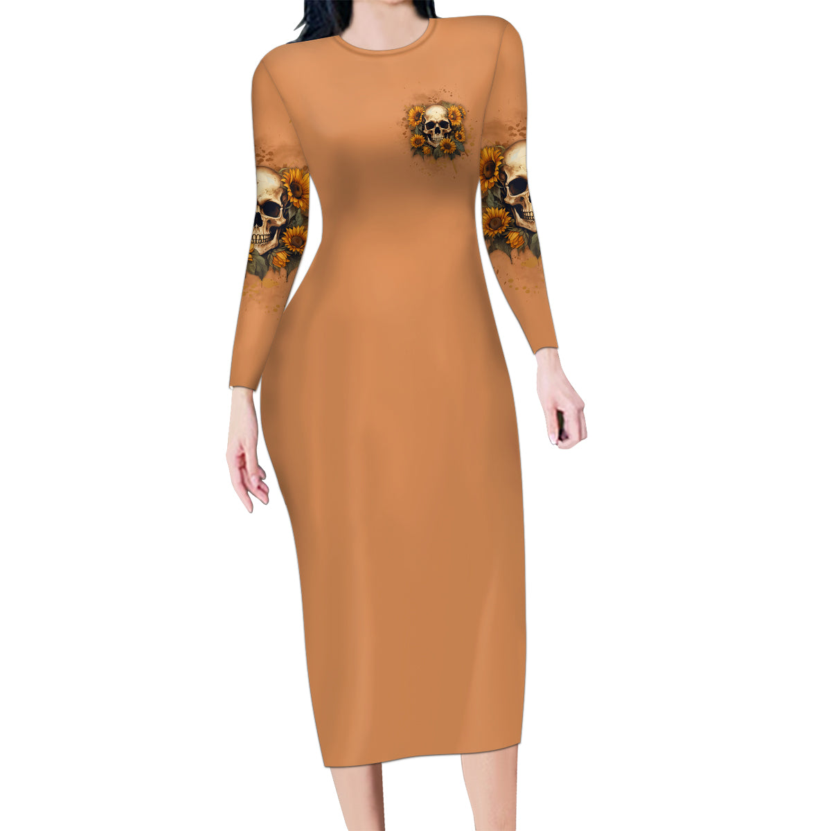 She Is Sunshine Sunflower Skull Family Matching Long Sleeve Bodycon Dress and Hawaiian Shirt - Wonder Print Shop