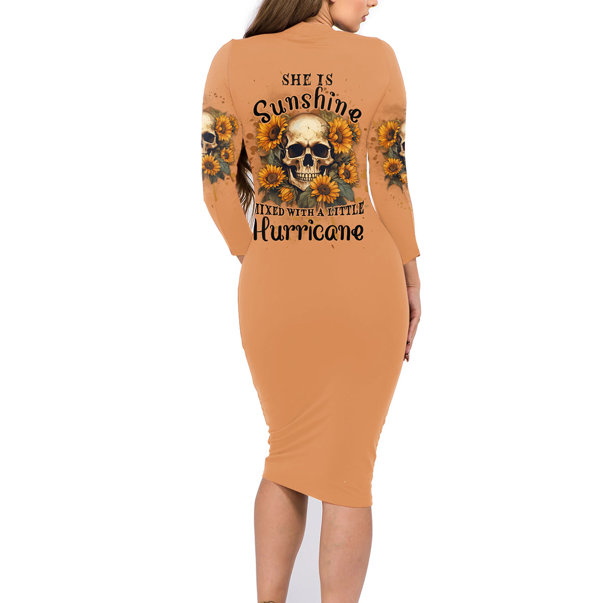 She Is Sunshine Sunflower Skull Family Matching Long Sleeve Bodycon Dress and Hawaiian Shirt - Wonder Print Shop