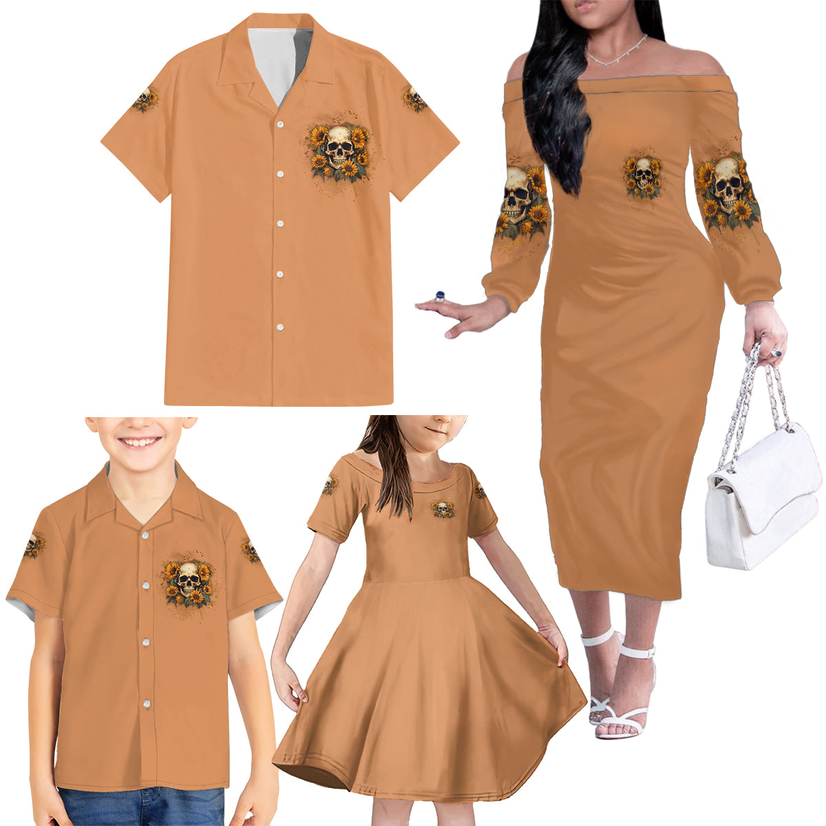 She Is Sunshine Sunflower Skull Family Matching Off Shoulder Long Sleeve Dress and Hawaiian Shirt - Wonder Print Shop