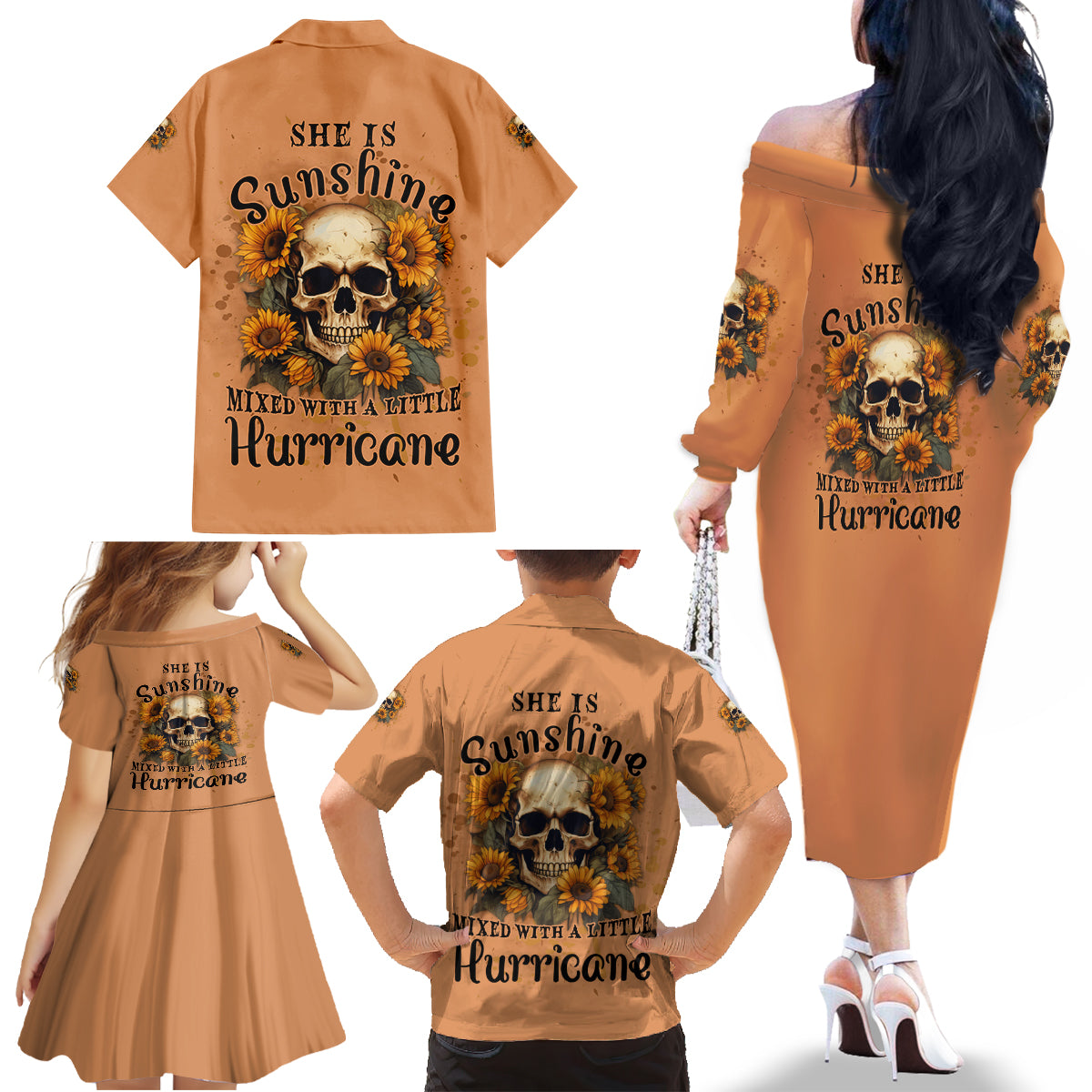 She Is Sunshine Sunflower Skull Family Matching Off Shoulder Long Sleeve Dress and Hawaiian Shirt - Wonder Print Shop