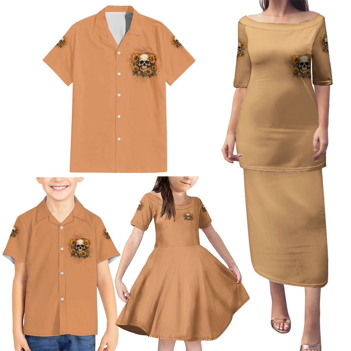 She Is Sunshine Sunflower Skull Family Matching Puletasi Dress and Hawaiian Shirt - Wonder Print Shop
