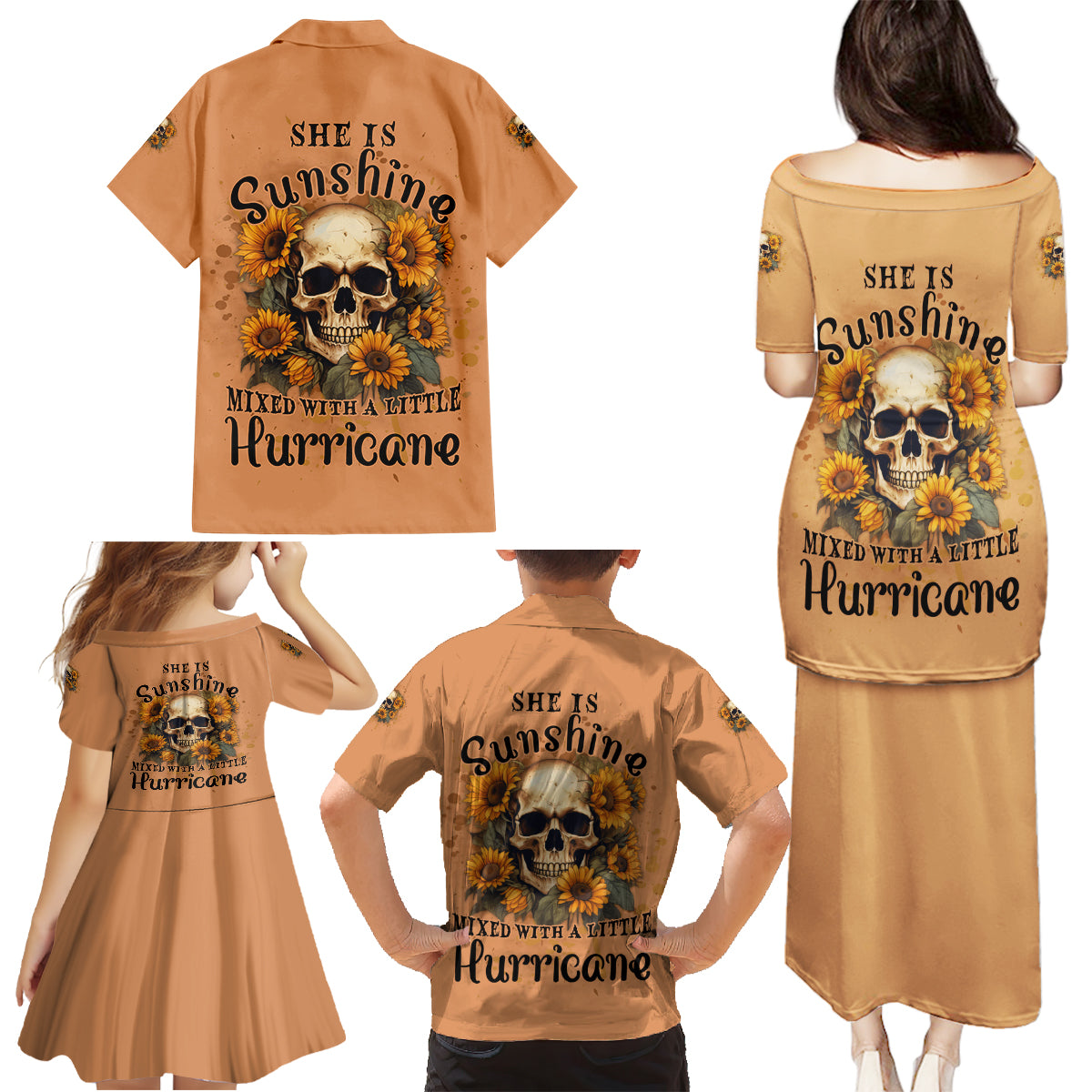 She Is Sunshine Sunflower Skull Family Matching Puletasi Dress and Hawaiian Shirt - Wonder Print Shop