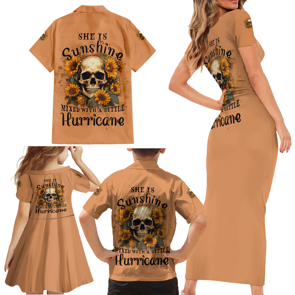 She Is Sunshine Sunflower Skull Family Matching Short Sleeve Bodycon Dress and Hawaiian Shirt - Wonder Print Shop