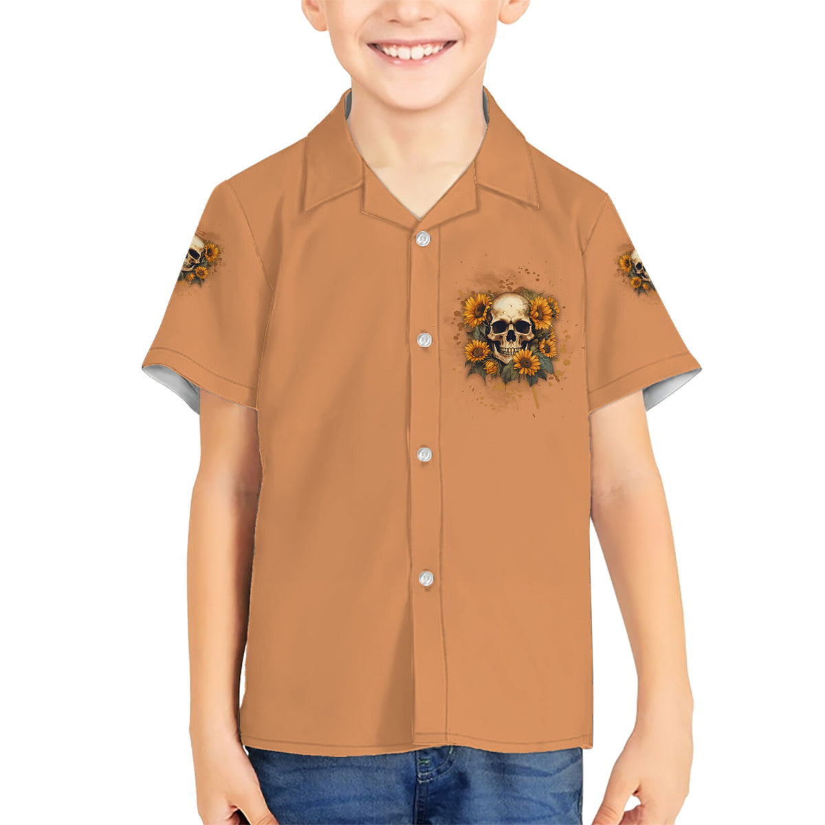 She Is Sunshine Sunflower Skull Family Matching Short Sleeve Bodycon Dress and Hawaiian Shirt - Wonder Print Shop