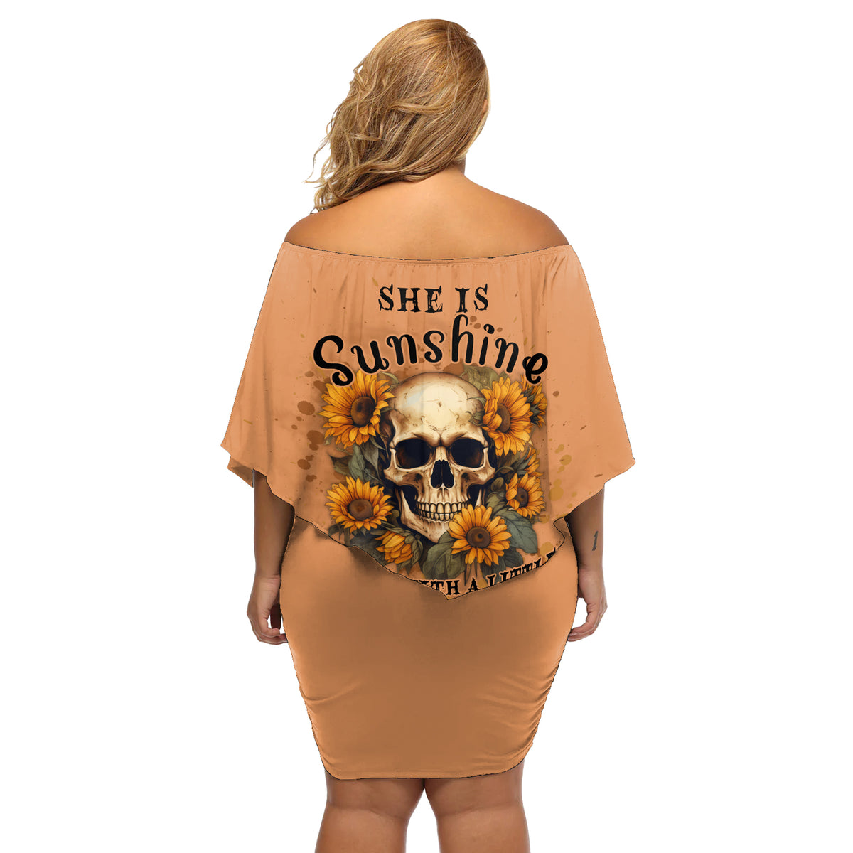 She Is Sunshine Sunflower Skull Off Shoulder Short Dress - Wonder Print Shop