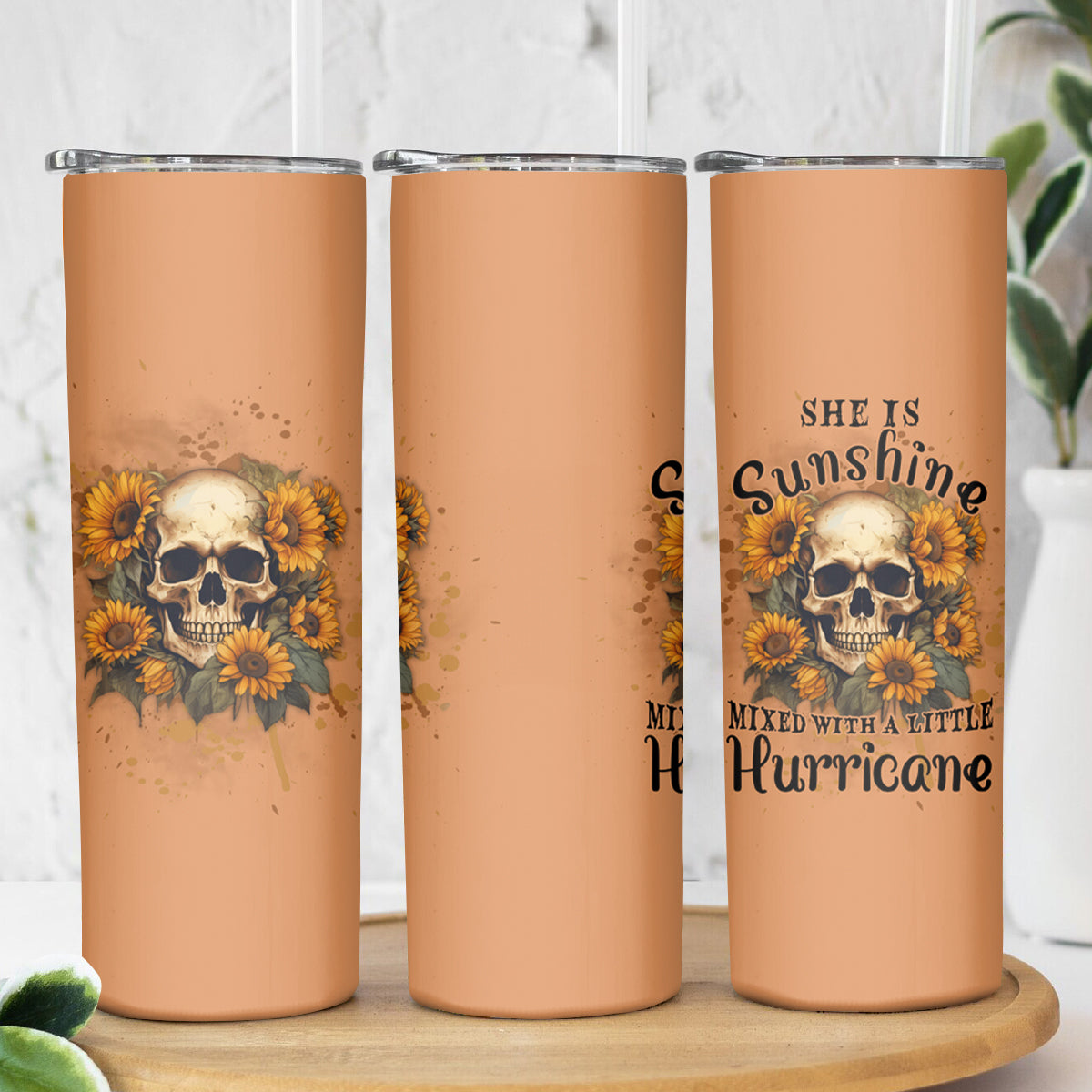 She Is Sunshine Sunflower Skull Skinny Tumbler - Wonder Print Shop