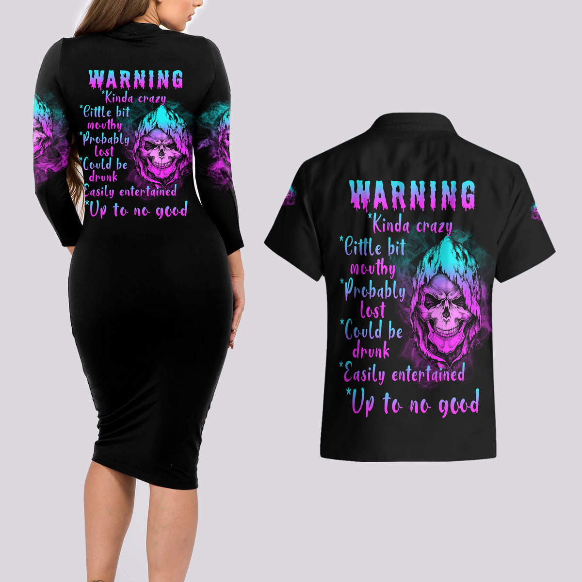 Warning Kinda Crazy Skull Couples Matching Long Sleeve Bodycon Dress and Hawaiian Shirt - Wonder Print Shop