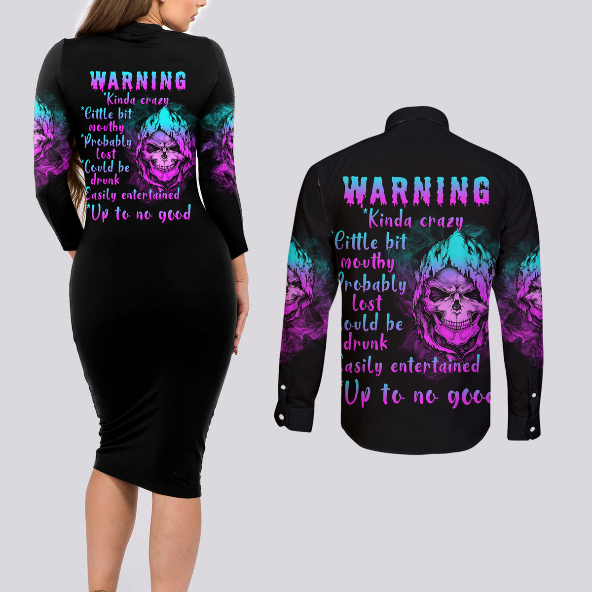Warning Kinda Crazy Skull Couples Matching Long Sleeve Bodycon Dress and Long Sleeve Button Shirt - Wonder Print Shop