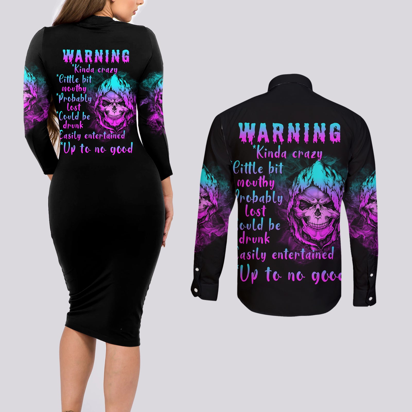 Warning Kinda Crazy Skull Couples Matching Long Sleeve Bodycon Dress and Long Sleeve Button Shirt - Wonder Print Shop