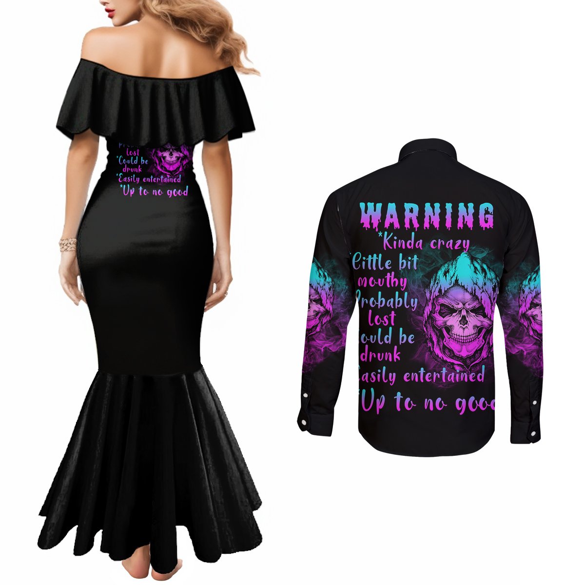 warning-kinda-crazy-skull-couples-matching-mermaid-dress-and-long-sleeve-button-shirt
