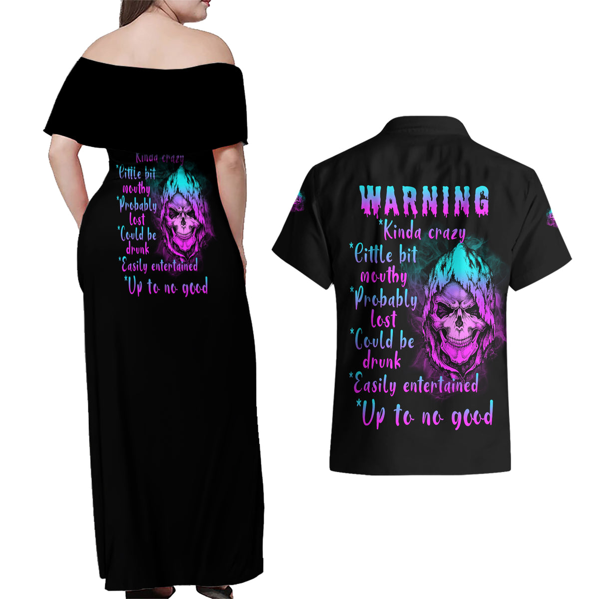 Warning Kinda Crazy Skull Couples Matching Off Shoulder Maxi Dress and Hawaiian Shirt - Wonder Print Shop