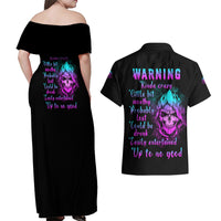Warning Kinda Crazy Skull Couples Matching Off Shoulder Maxi Dress and Hawaiian Shirt - Wonder Print Shop