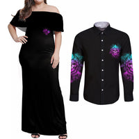 Warning Kinda Crazy Skull Couples Matching Off Shoulder Maxi Dress and Long Sleeve Button Shirt - Wonder Print Shop