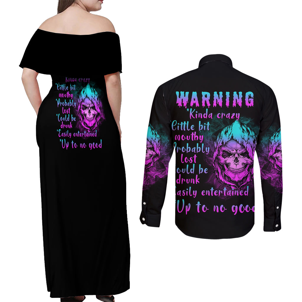 Warning Kinda Crazy Skull Couples Matching Off Shoulder Maxi Dress and Long Sleeve Button Shirt - Wonder Print Shop