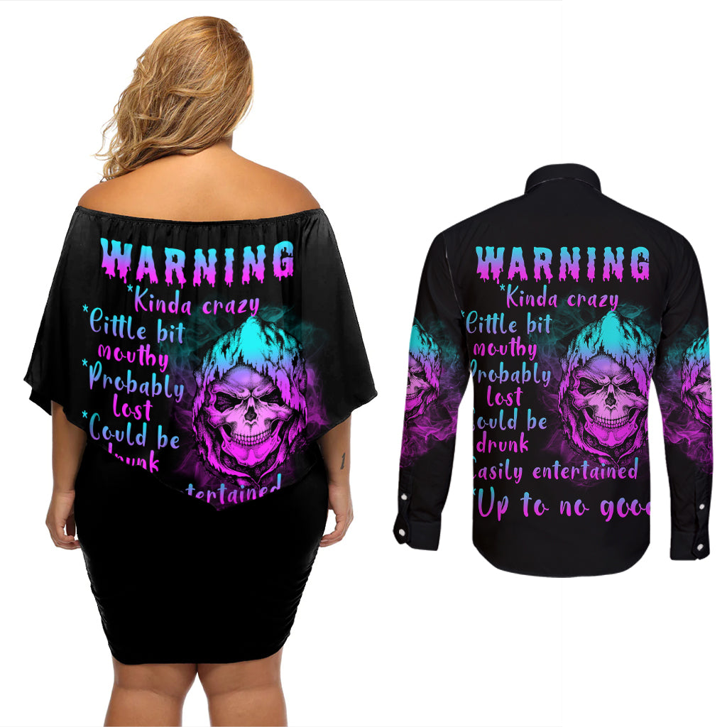 Warning Kinda Crazy Skull Couples Matching Off Shoulder Short Dress and Long Sleeve Button Shirt - Wonder Print Shop