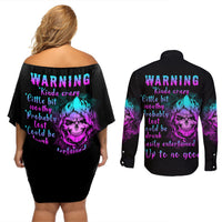 Warning Kinda Crazy Skull Couples Matching Off Shoulder Short Dress and Long Sleeve Button Shirt - Wonder Print Shop