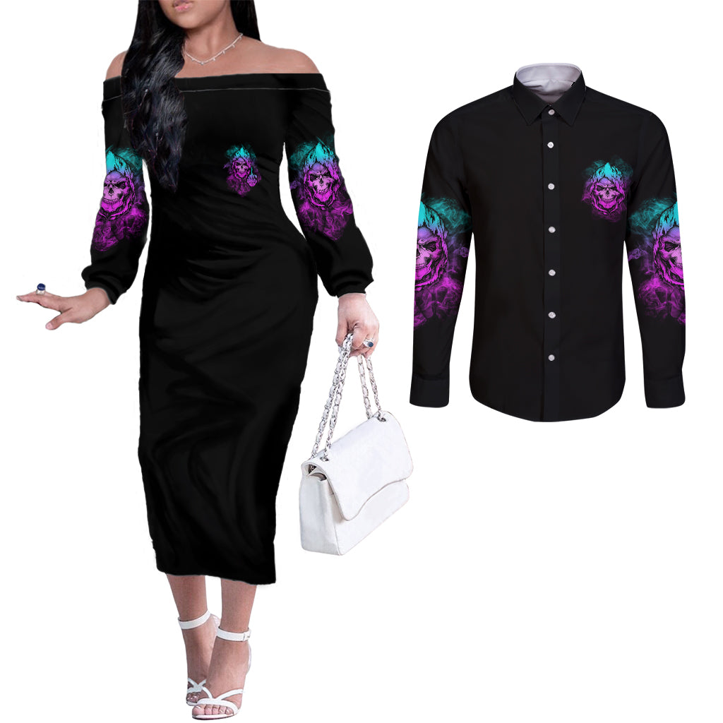 warning-kinda-crazy-skull-couples-matching-off-the-shoulder-long-sleeve-dress-and-long-sleeve-button-shirt